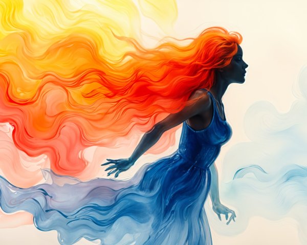 Silhouette of a Woman with Vibrant Hair and Dress