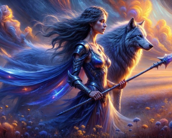 Warrior Woman and Wolf in Vibrant Sunset Scene