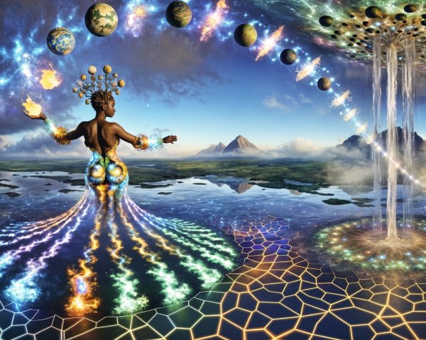 Cosmic Gown in Surreal Landscape with Celestial Elements