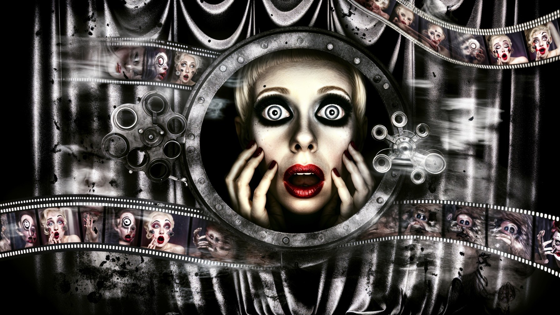 Startled Woman in Circular Film Reel with Eerie Background