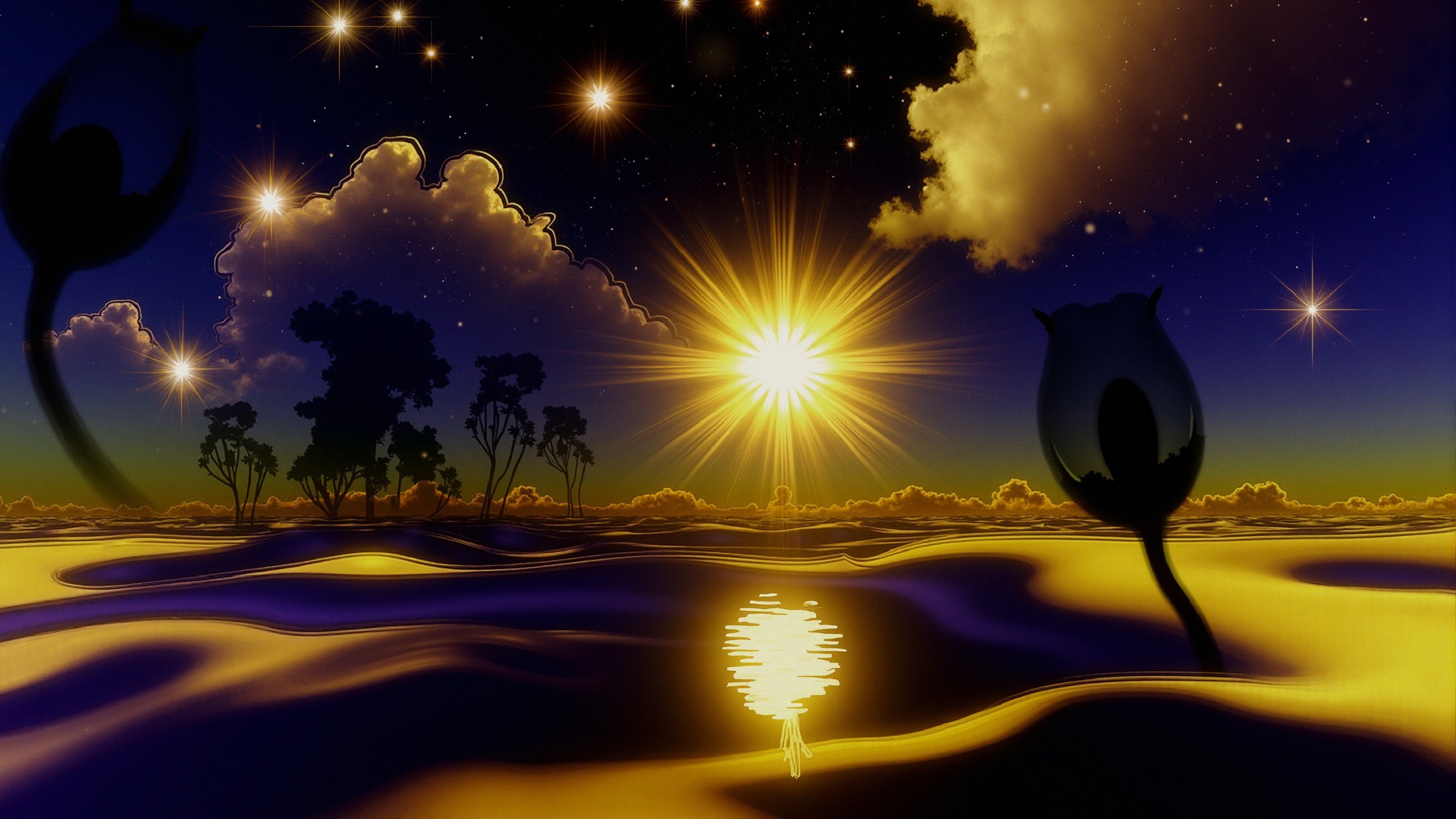 Surreal Twilight Landscape with Golden Sands and Stars