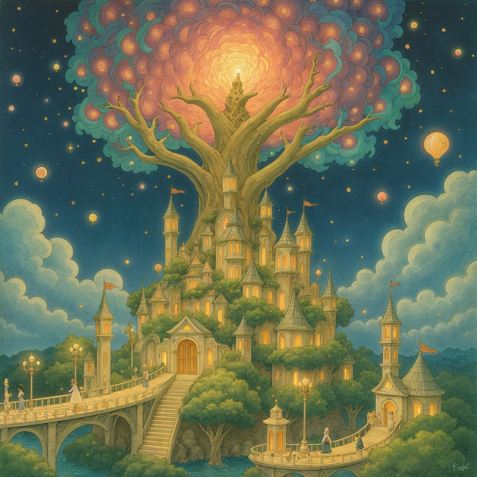 Whimsical Castle with Glowing Towers and Balloons