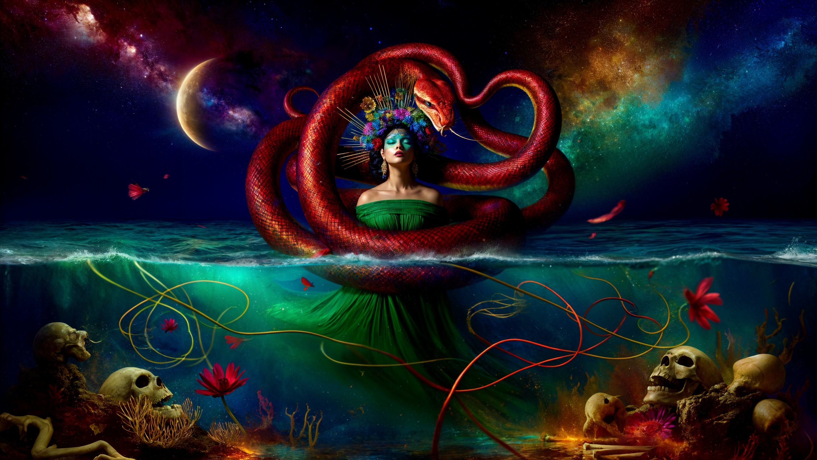 Fantasy Scene with Woman, Serpent, and Cosmic Elements