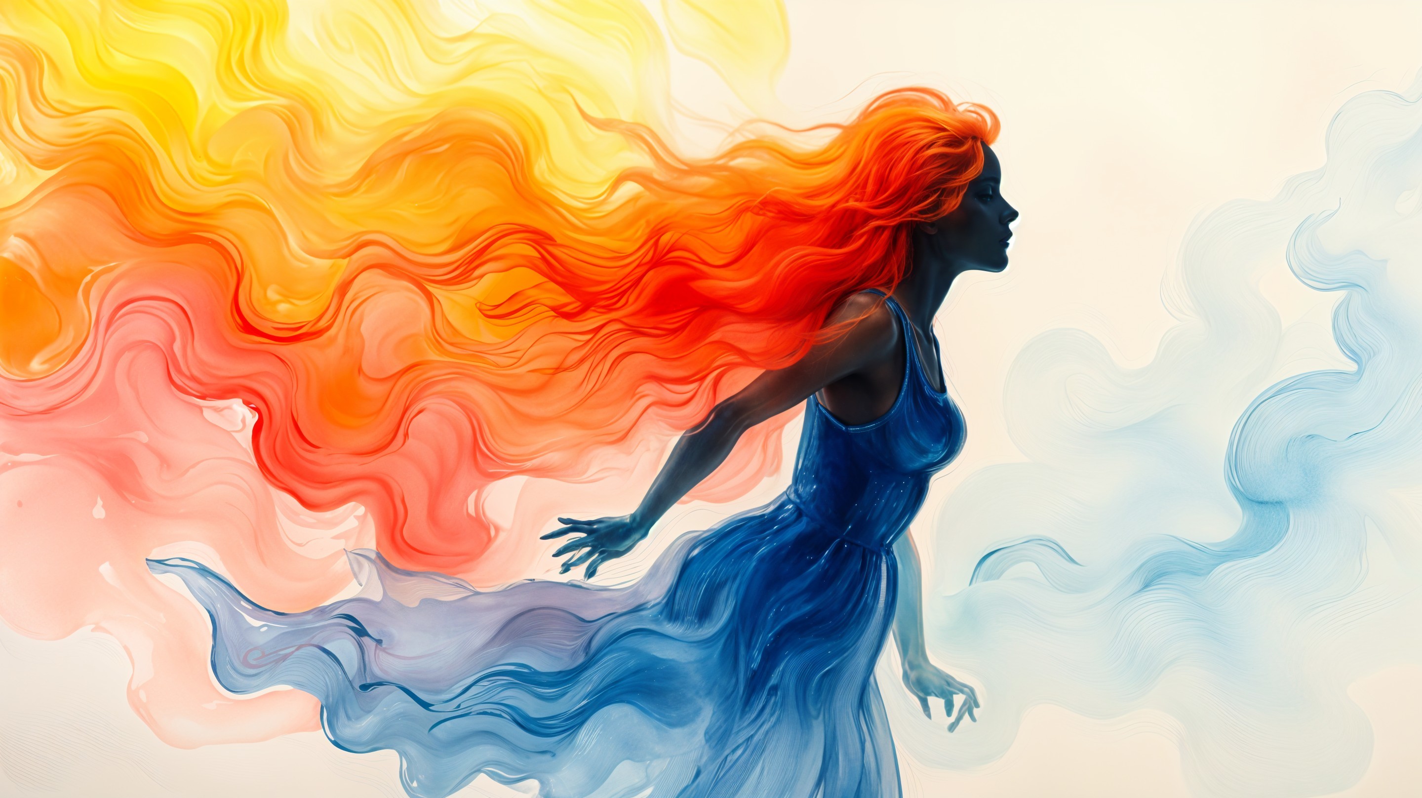 Silhouette of a Woman with Vibrant Hair and Dress