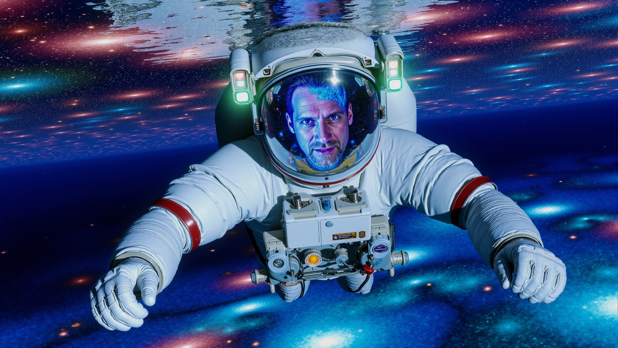 Astronaut in a Colorful Cosmic Space Exploration Scene