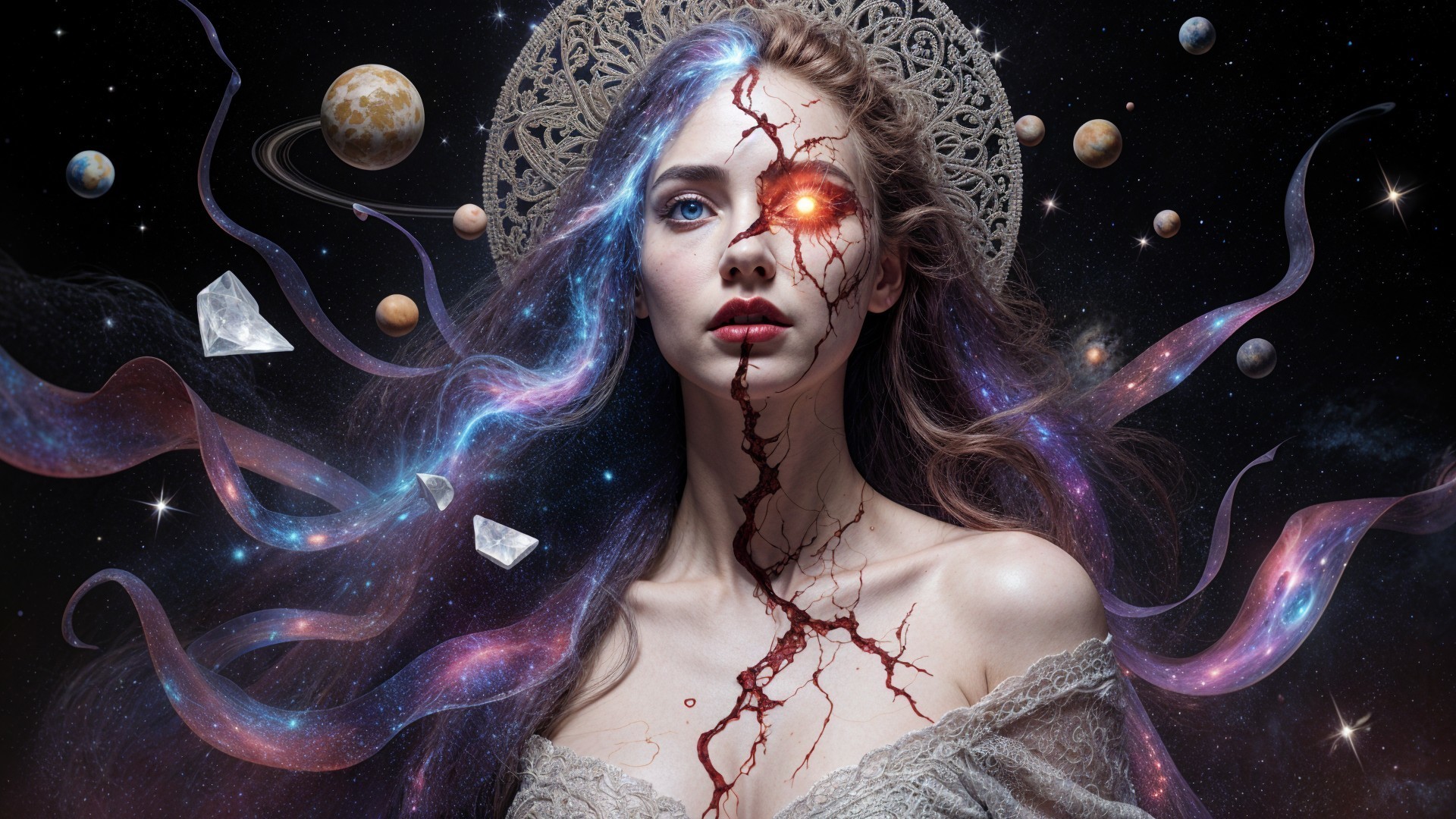 Cosmic Elements in Portrait of Young Woman with Cracks