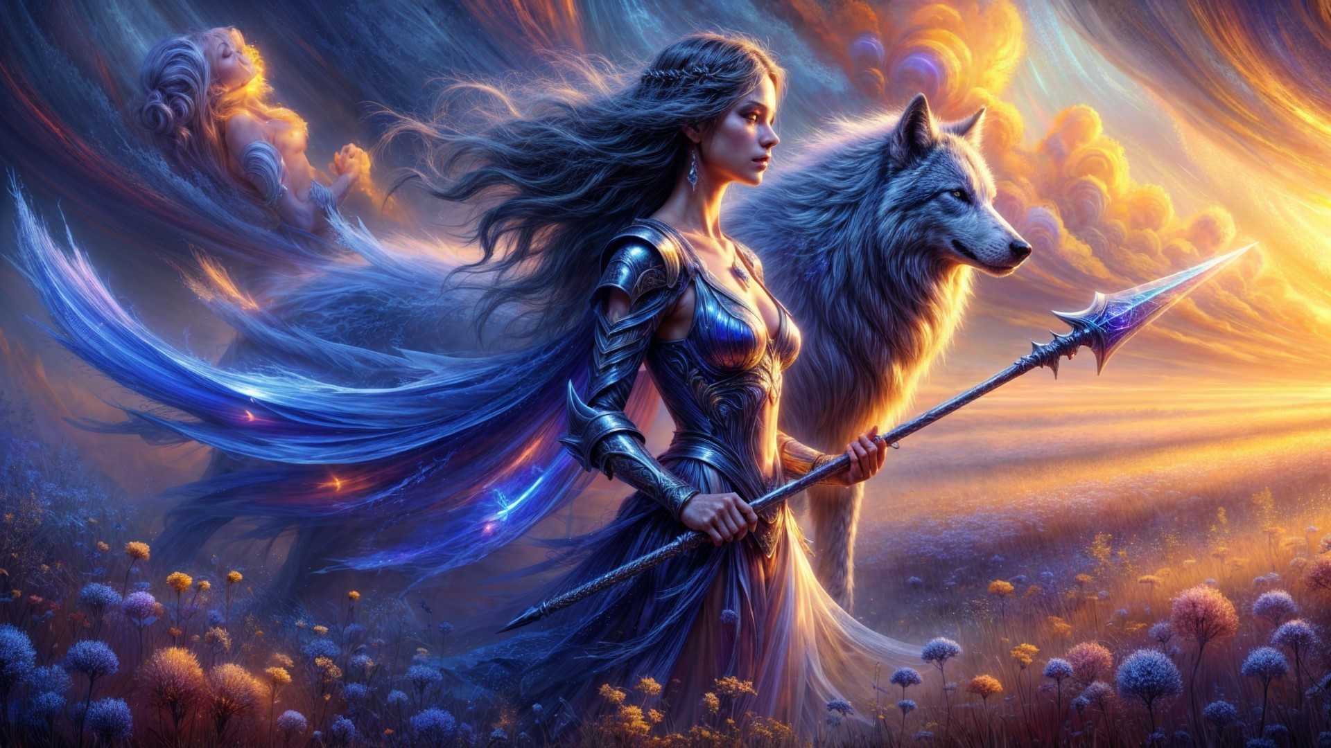 Warrior Woman and Wolf in Vibrant Sunset Scene