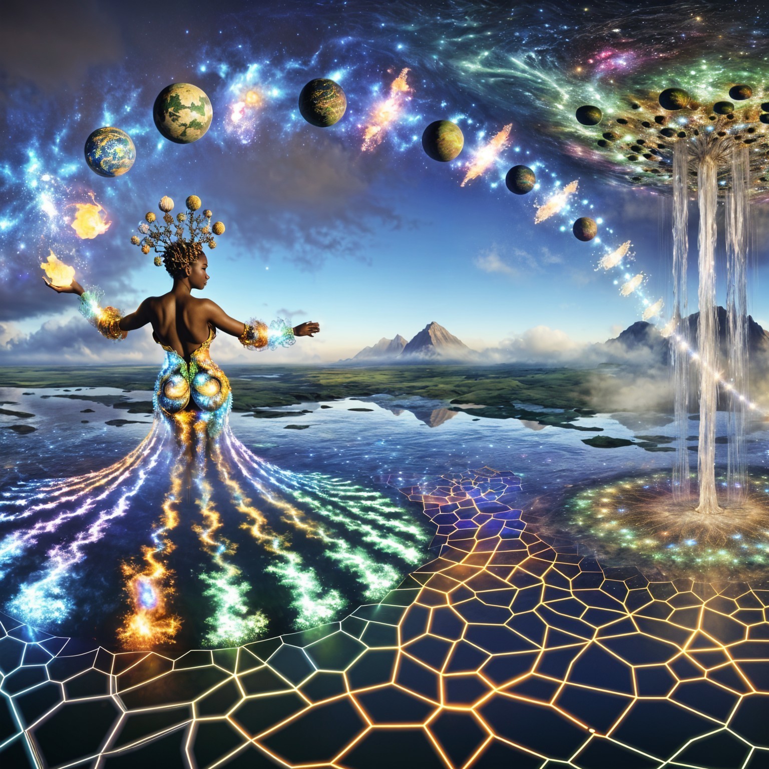 Cosmic Gown in Surreal Landscape with Celestial Elements