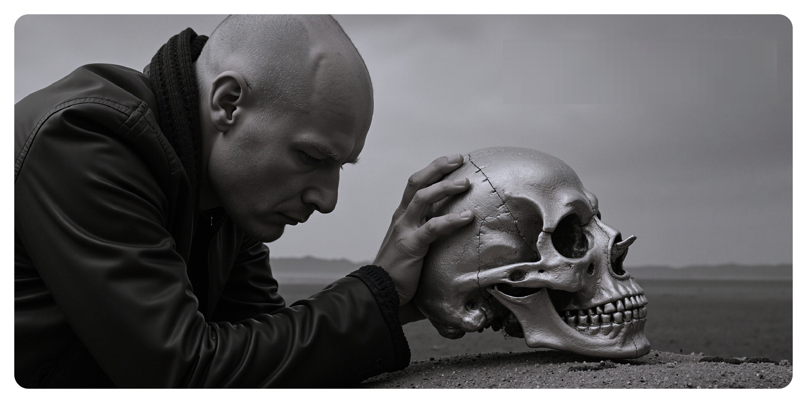 Bald Man in Leather Jacket Contemplates Metallic Skull