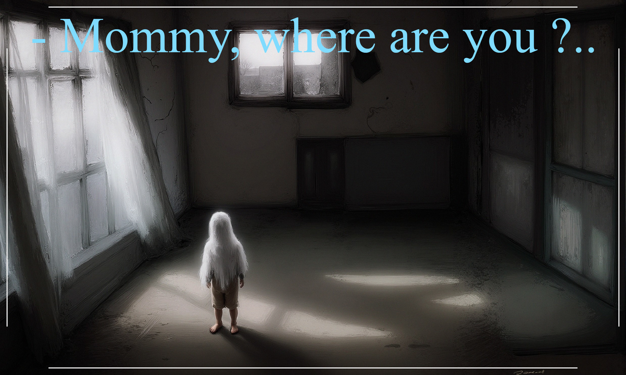 Child with white hair in dimly lit empty room