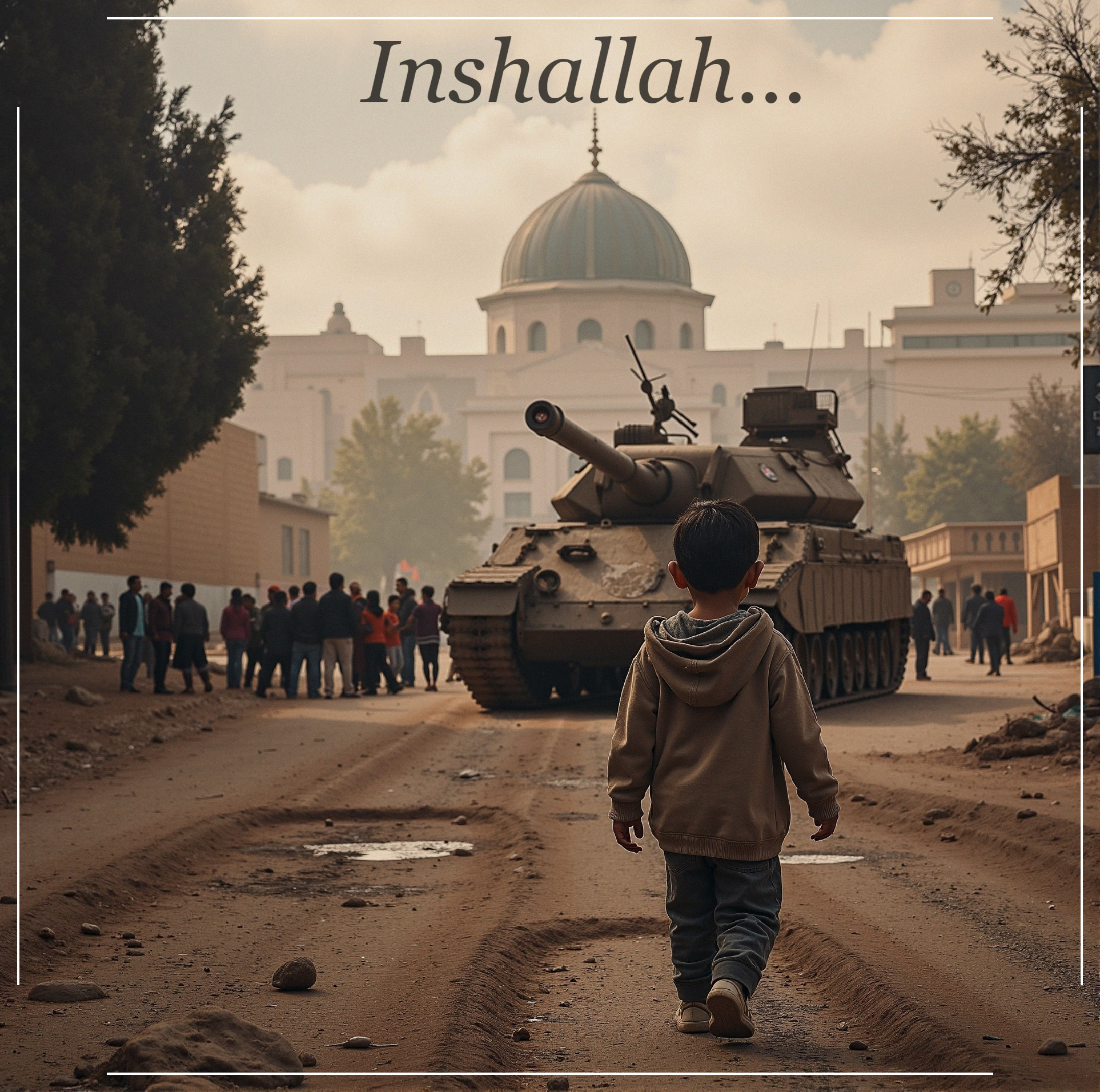 Child Walking Towards Crowd Amidst Tense Atmosphere