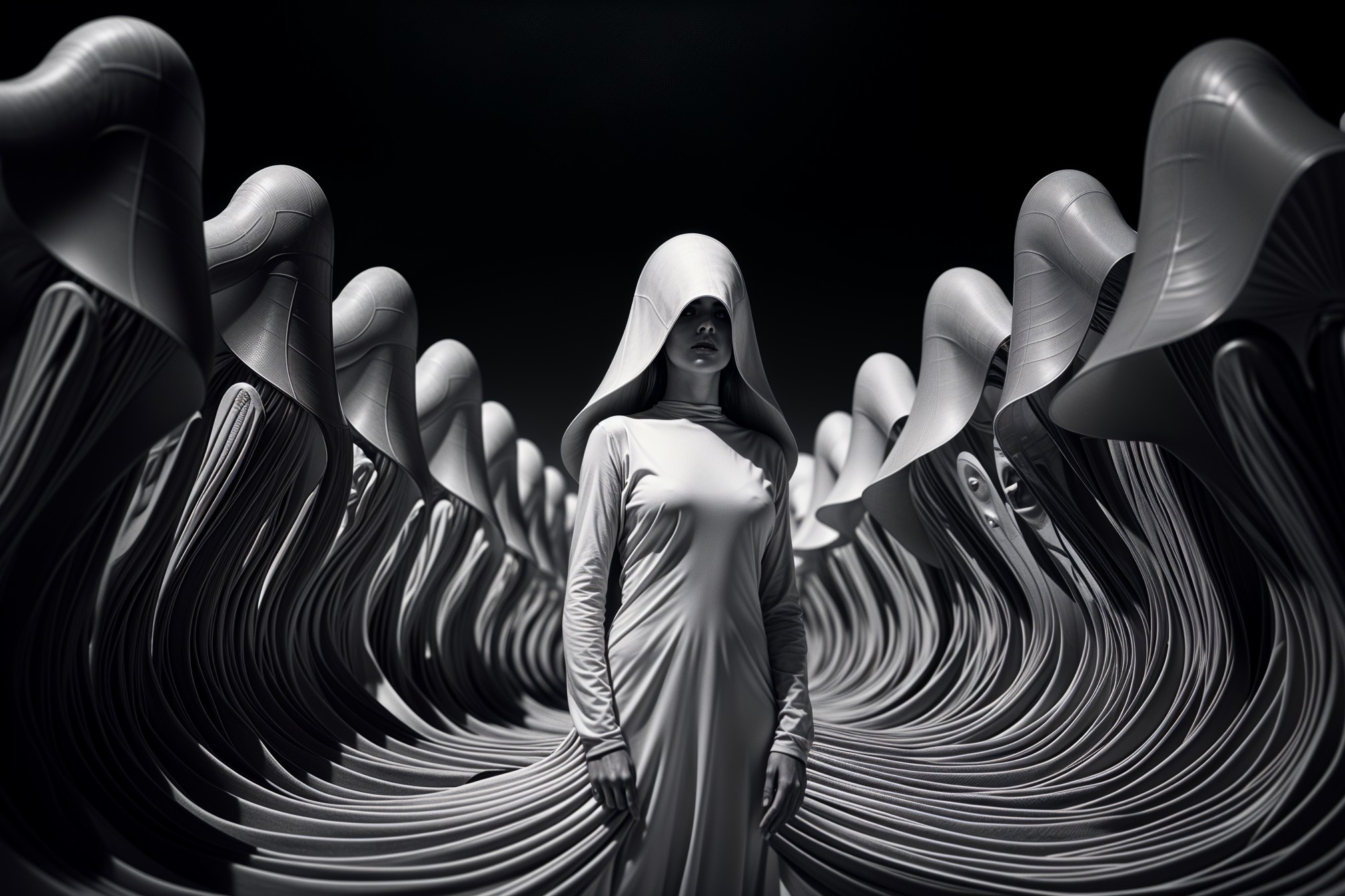 Mysterious Figure in Surreal Monochrome Landscape