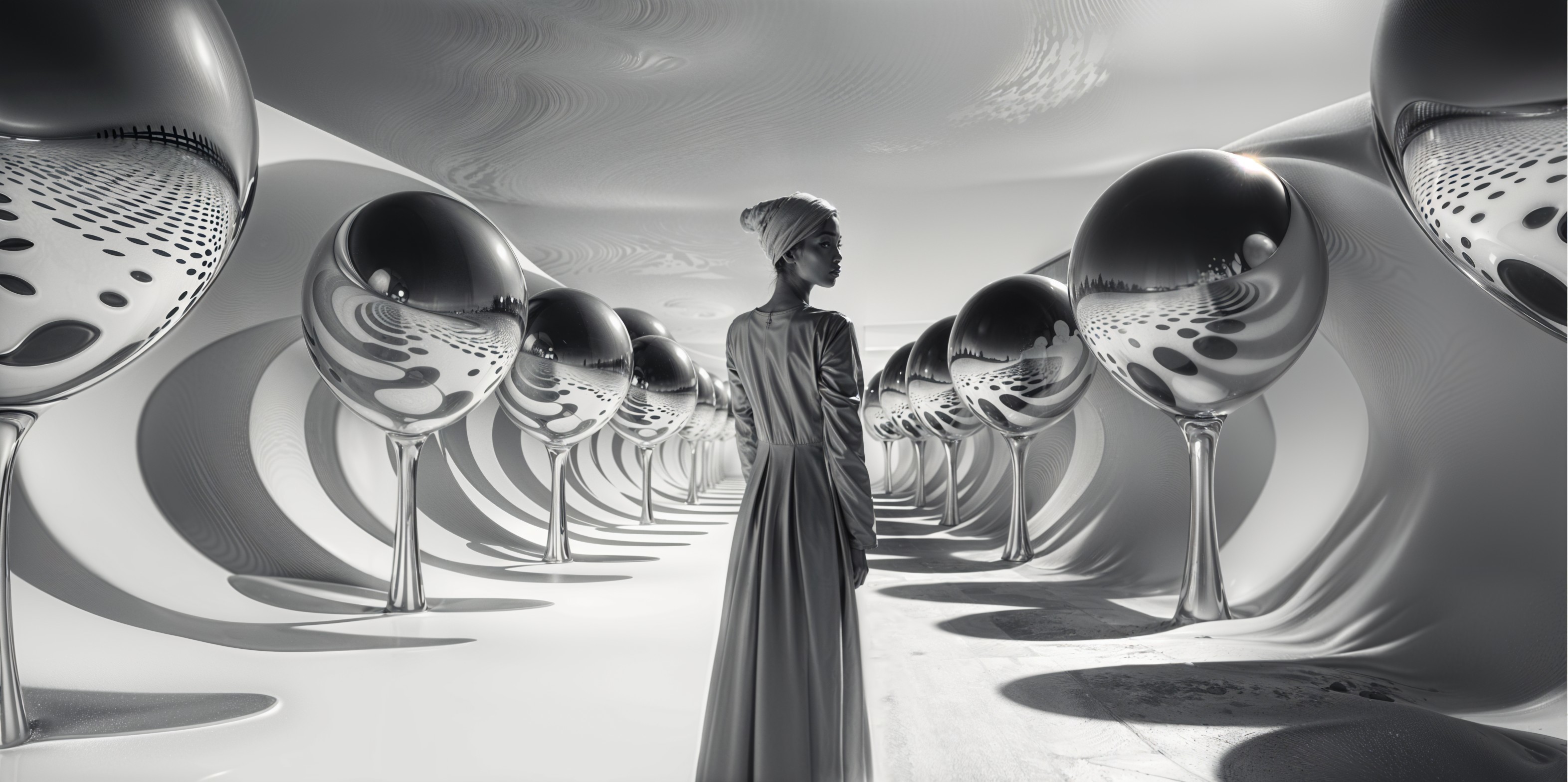 Surreal Monochromatic Landscape with Flowing Gown and Spheres