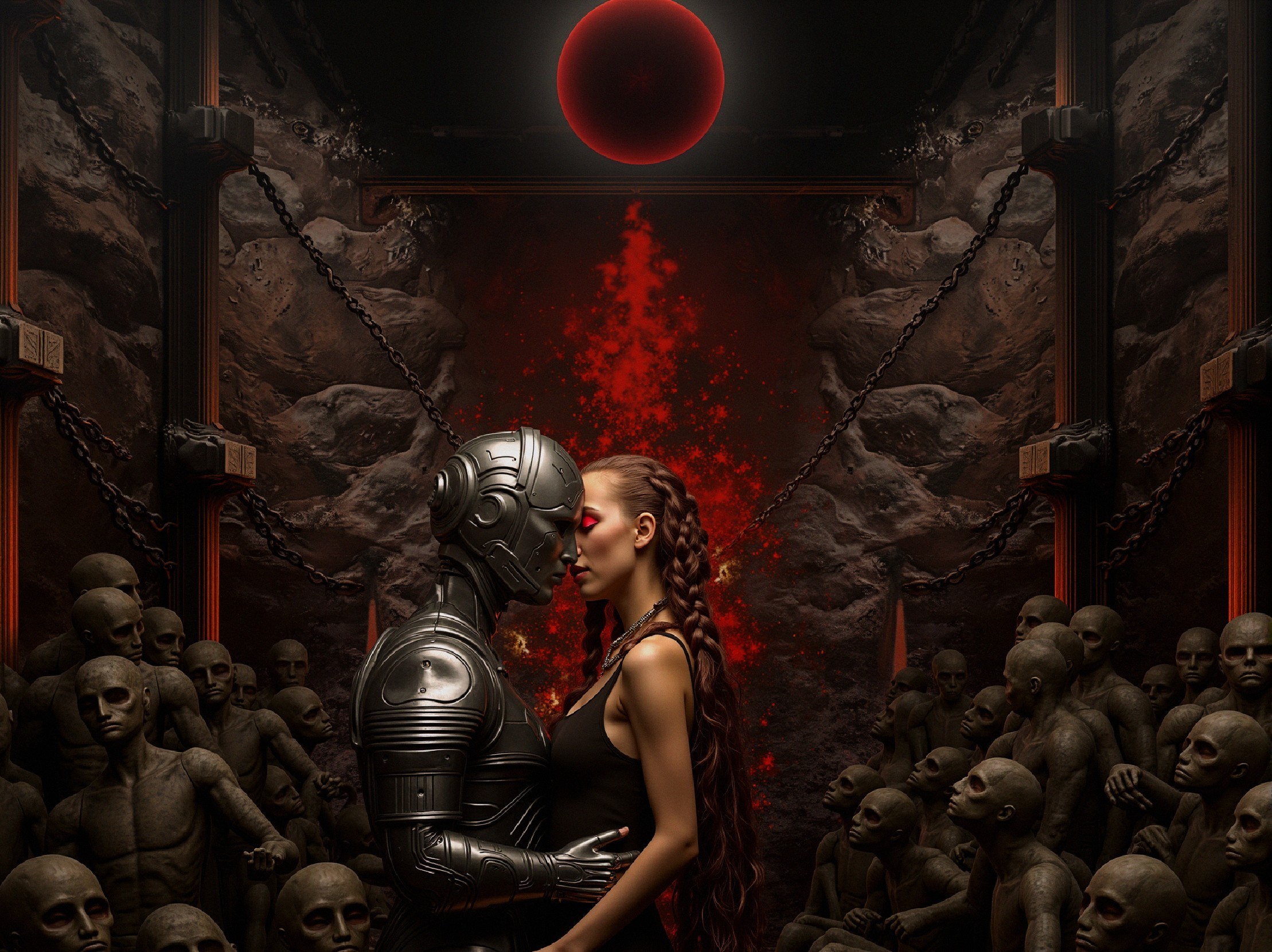 Gothic Scene with Robot and Woman in Intimate Moment