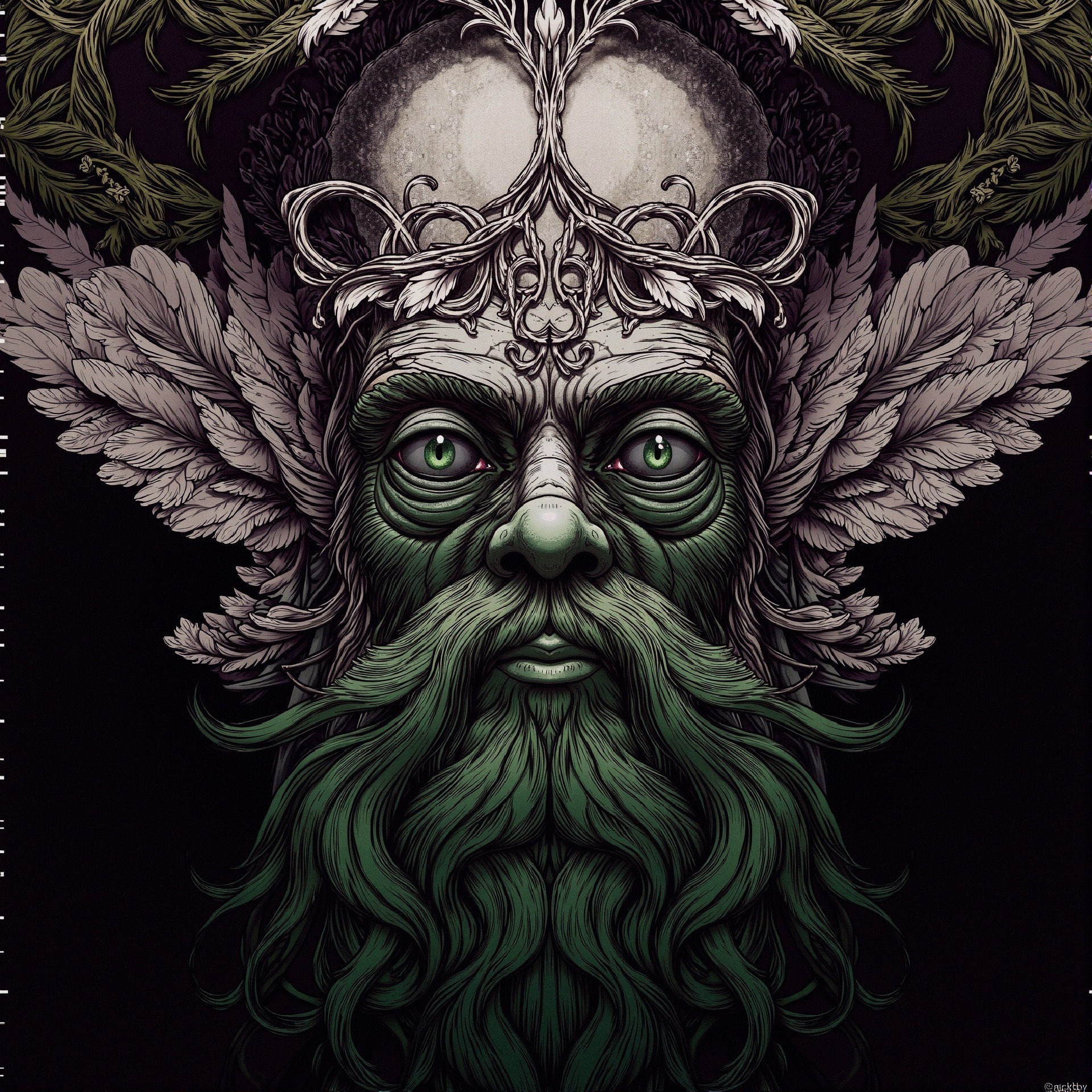 Regal figure with green beard and leafy crown