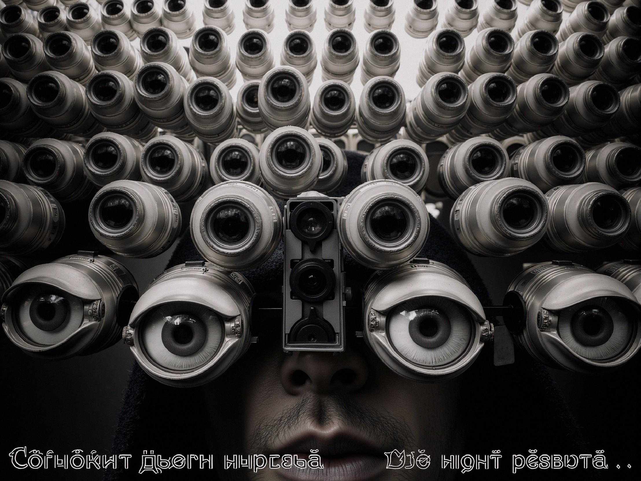 Person in Hood Surrounded by Cameras and Eyes