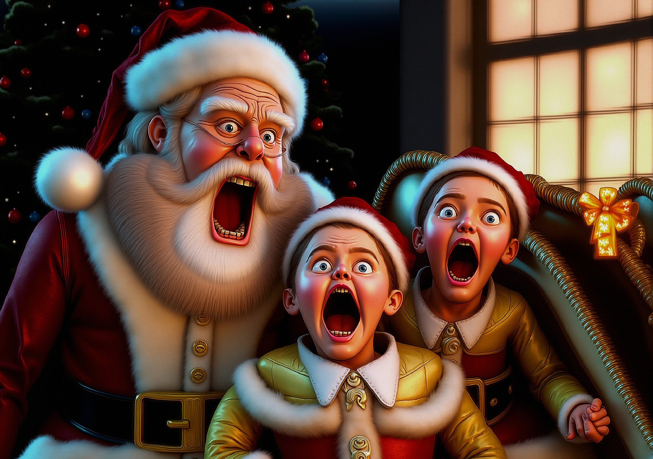 Surprised Santa Claus with Children in Festive Setting