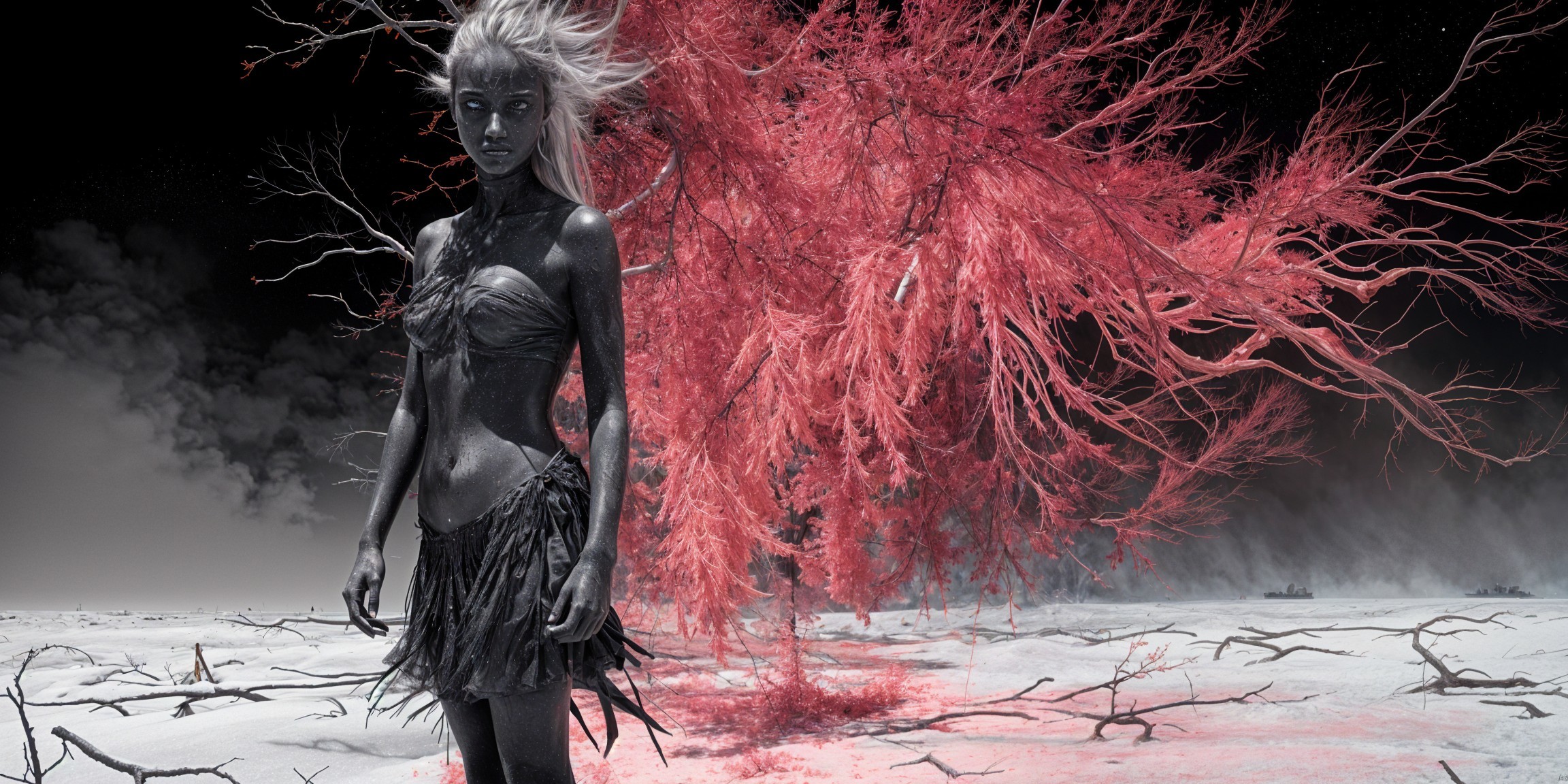Otherworldly Landscape with Crimson Tree and Figure