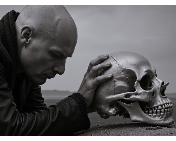 Bald Man in Leather Jacket Contemplates Metallic Skull