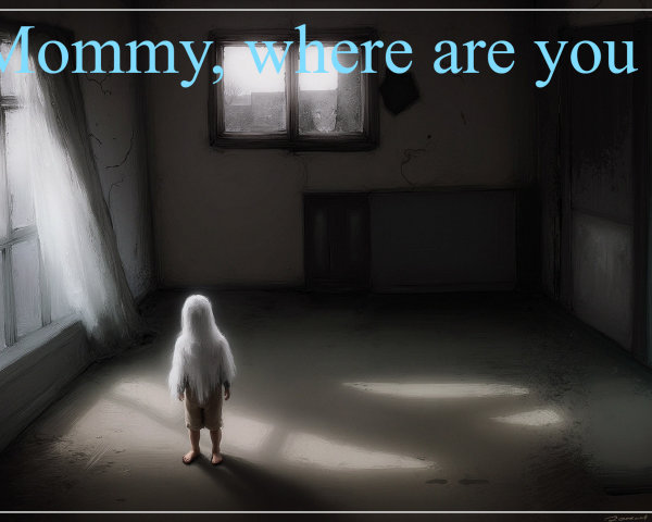 Child with white hair in dimly lit empty room