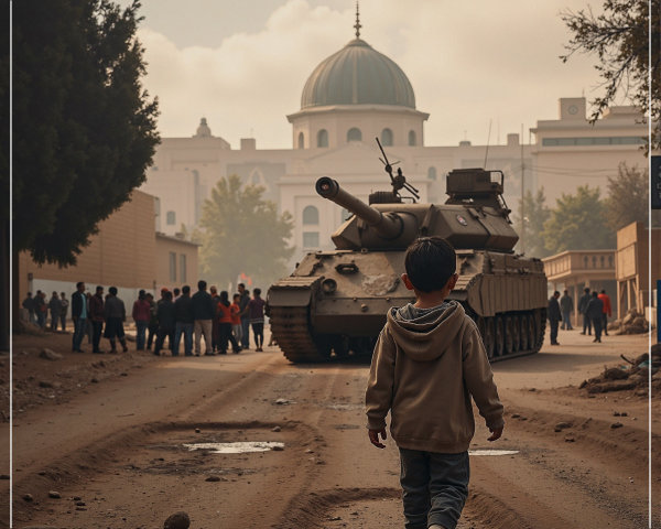 Child Walking Towards Crowd Amidst Tense Atmosphere
