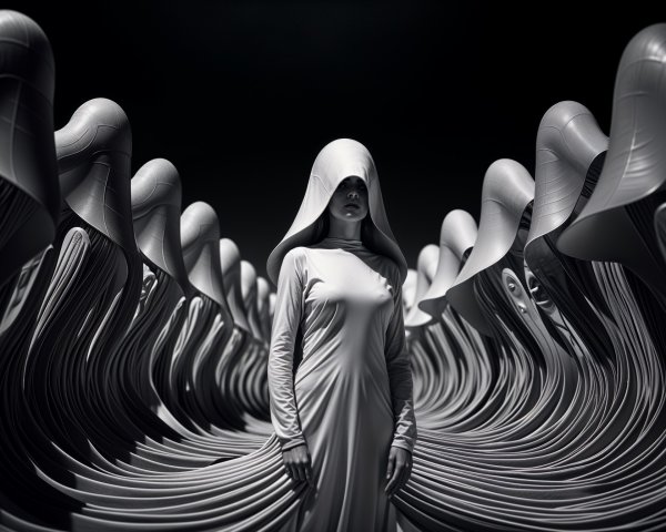 Mysterious Figure in Surreal Monochrome Landscape