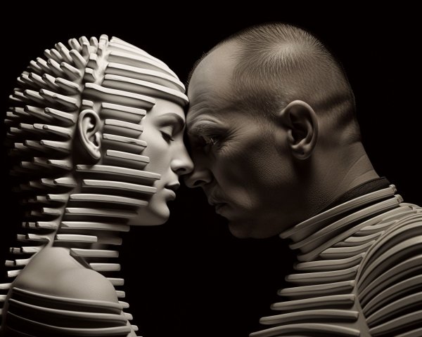 Stylized Figures with Vertical Stripes and Depth
