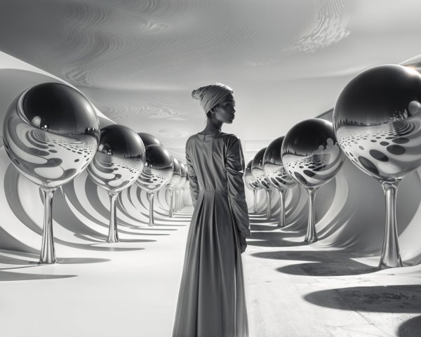 Surreal Monochromatic Landscape with Flowing Gown and Spheres