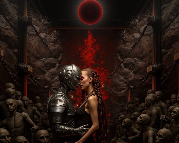 Gothic Scene with Robot and Woman in Intimate Moment