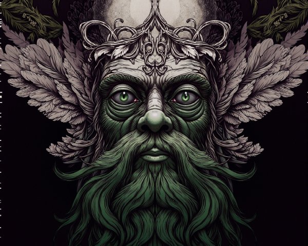 Regal figure with green beard and leafy crown