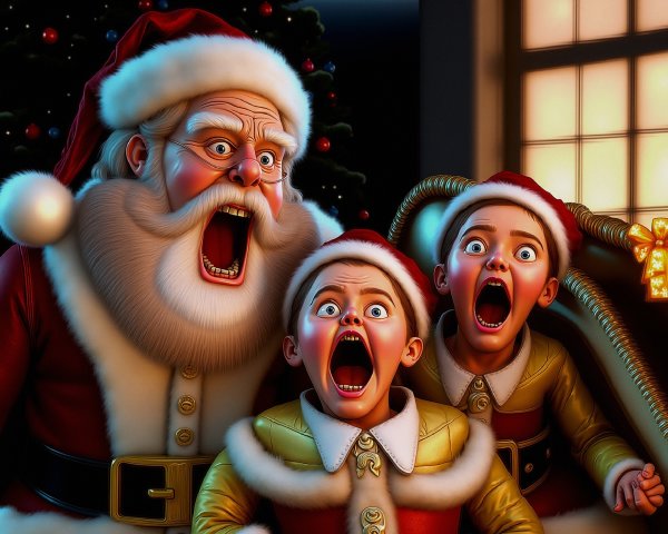 Surprised Santa Claus with Children in Festive Setting