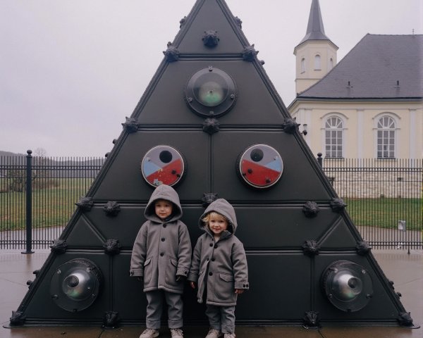 Children in Gray Coats by Colorful Triangular Sculpture