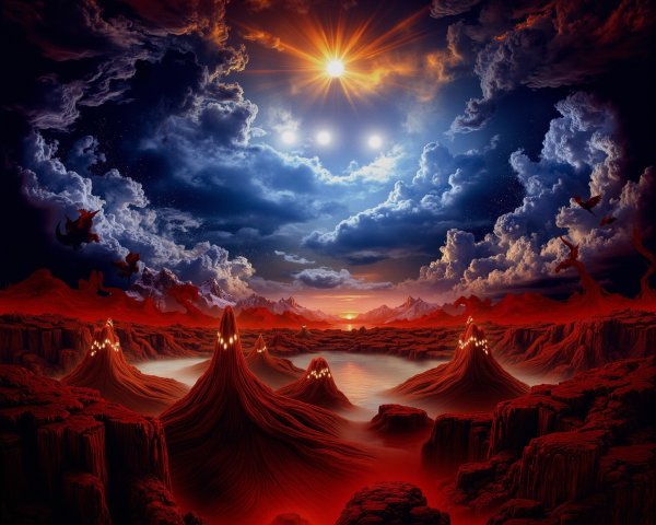 Surreal Landscape with Dark Red Mountains and Clouds