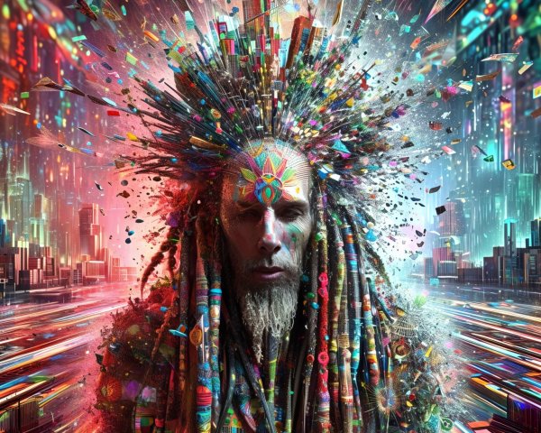 Vibrant Figure in Futuristic Cityscape with Patterns