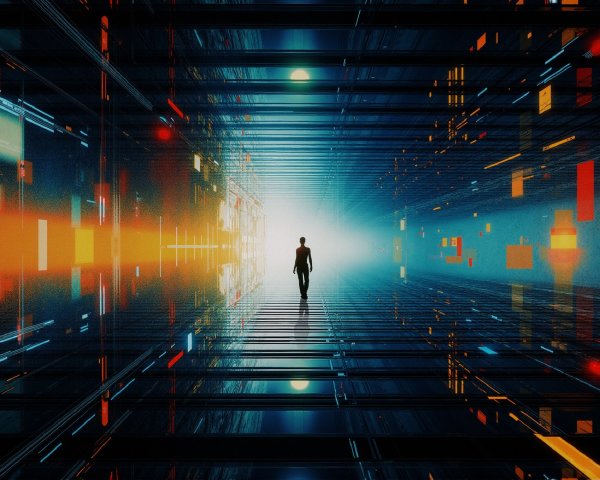 Futuristic Corridor with Silhouette and Vibrant Colors