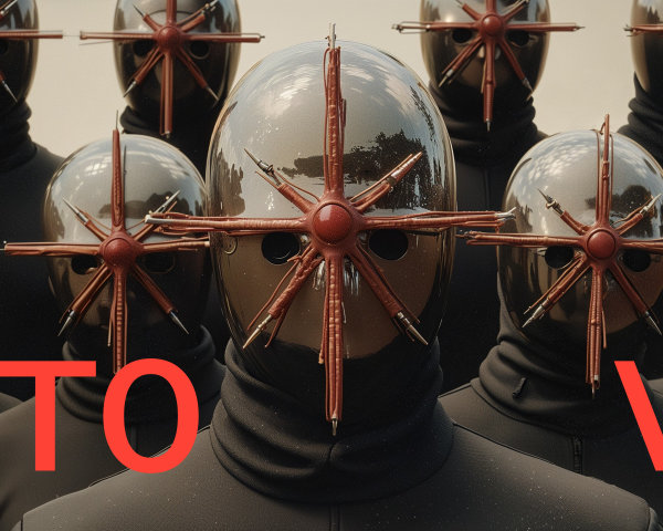 Faceless Figures in Black with Globe Headpieces