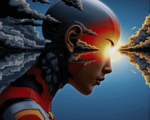 Futuristic Humanoid Profile Against Vibrant Sunset