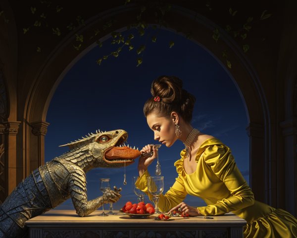 Surreal Dinner Scene with Woman and Reptilian Creature