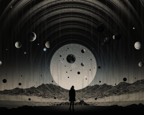 Solitary Figure in Surreal Cosmic Landscape