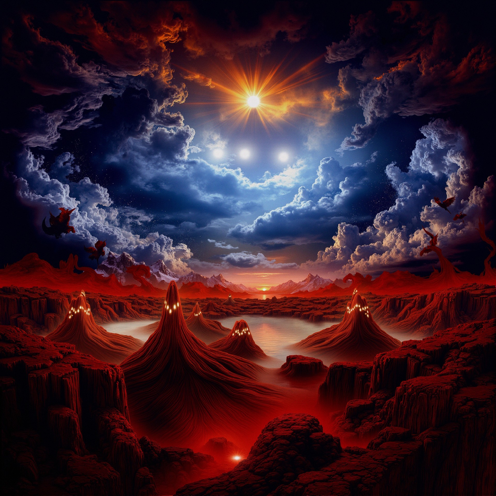 Surreal Landscape with Dark Red Mountains and Clouds