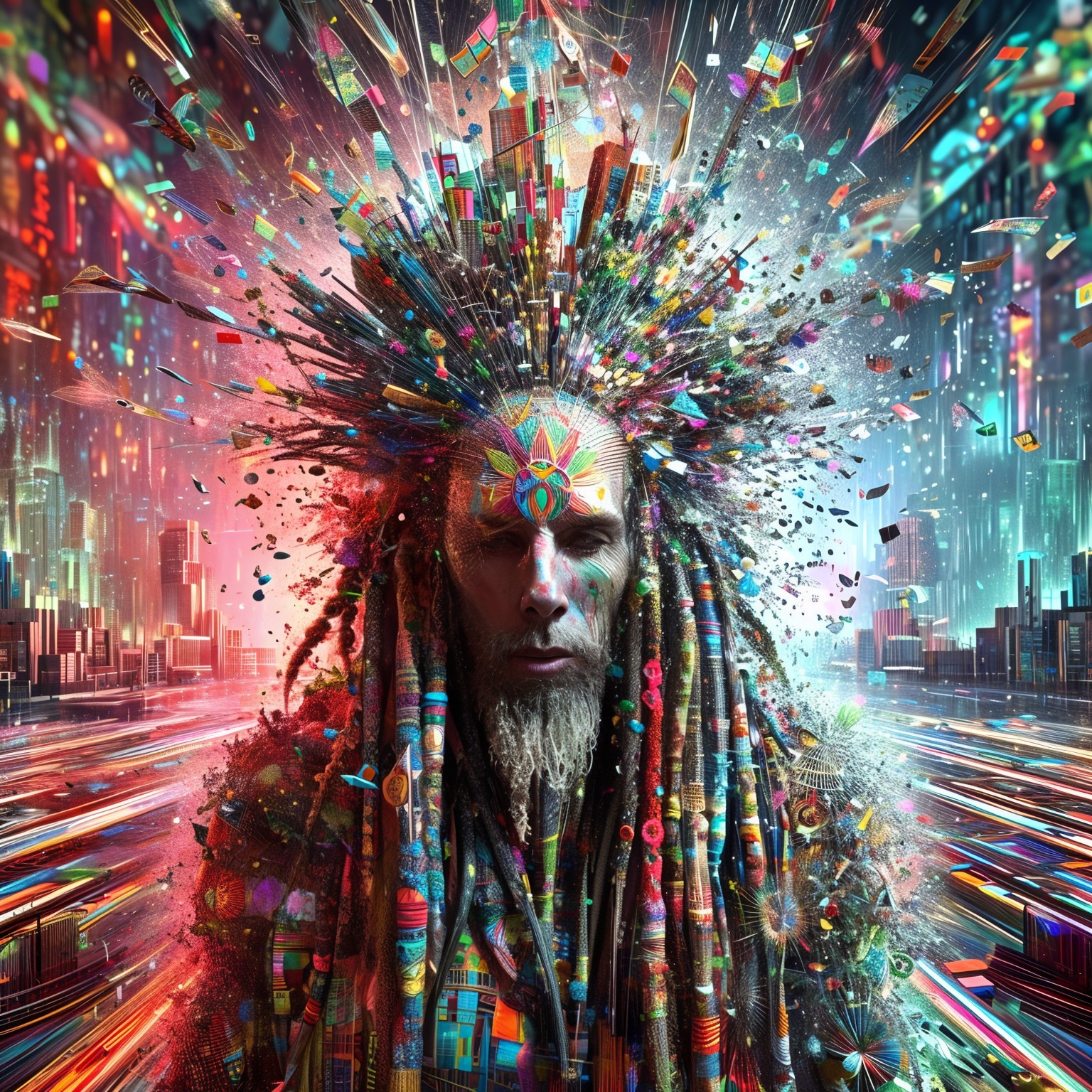 Vibrant Figure in Futuristic Cityscape with Patterns