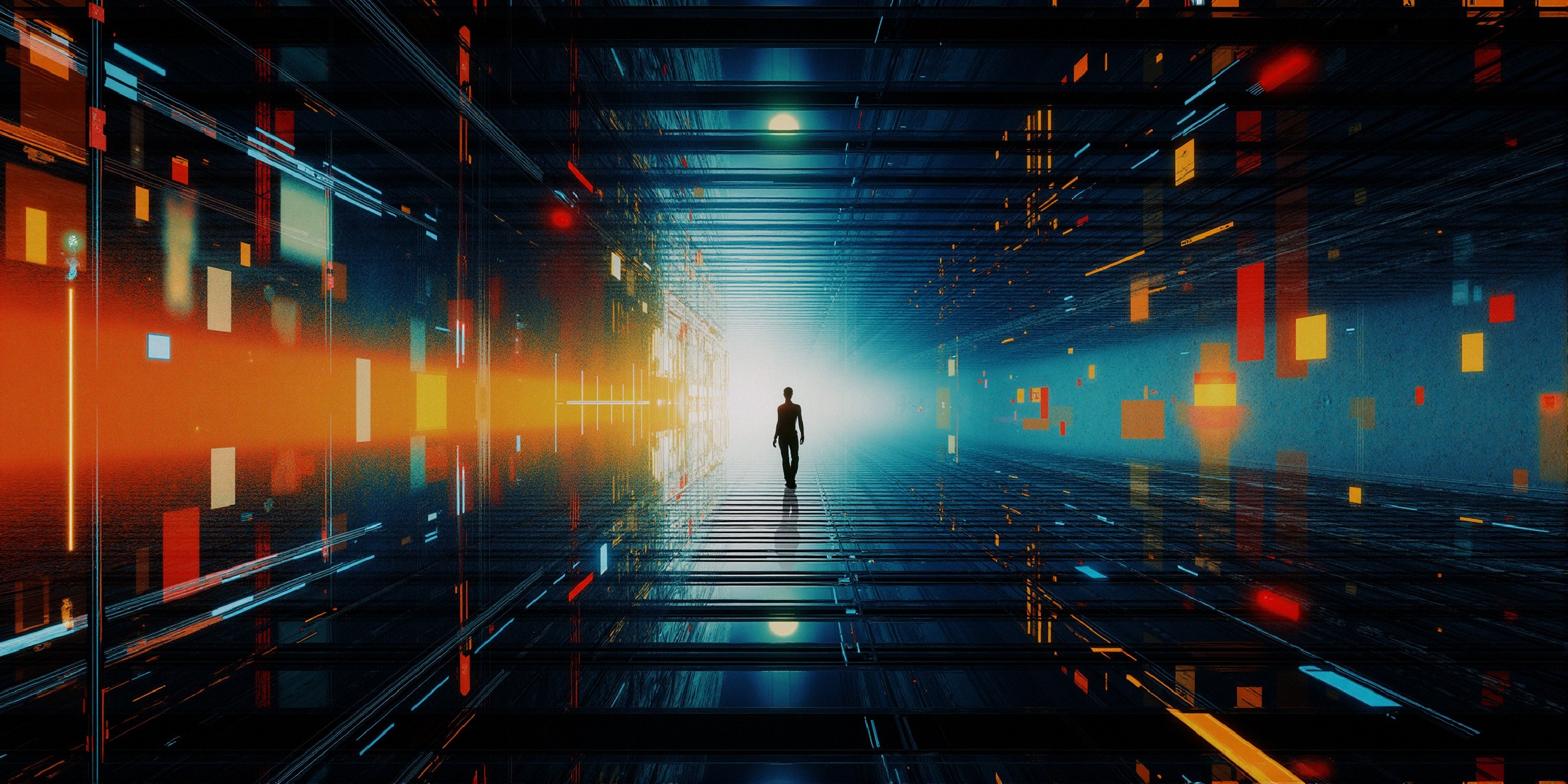 Futuristic Corridor with Silhouette and Vibrant Colors