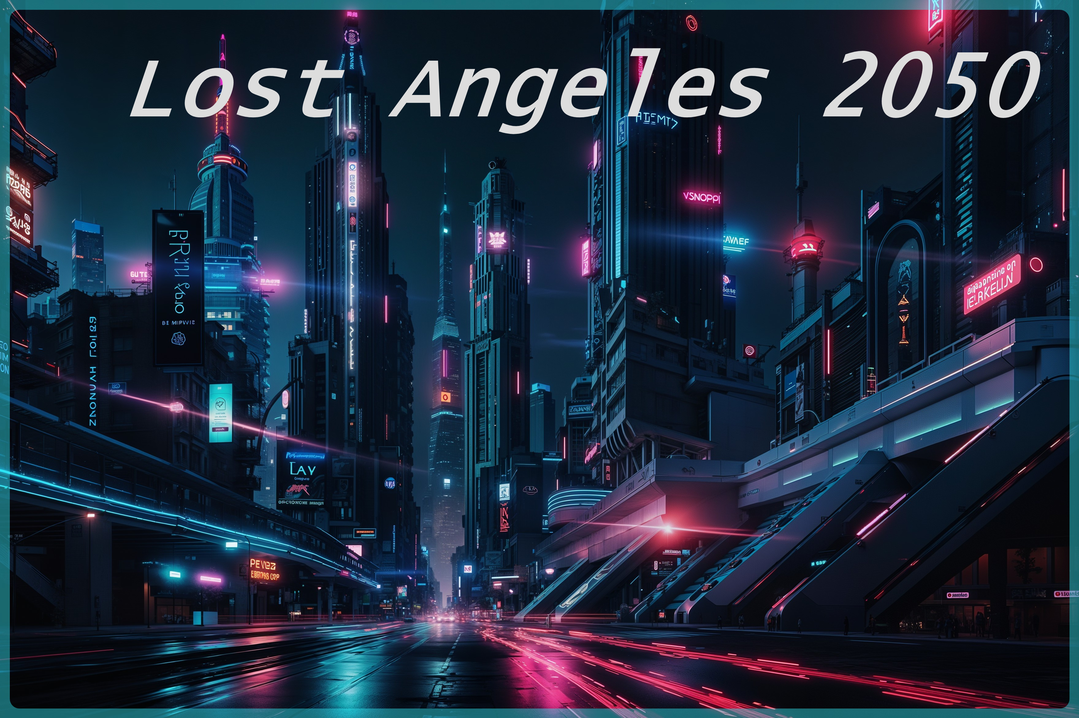 Futuristic Los Angeles Cityscape in 2050 with Neon Lights