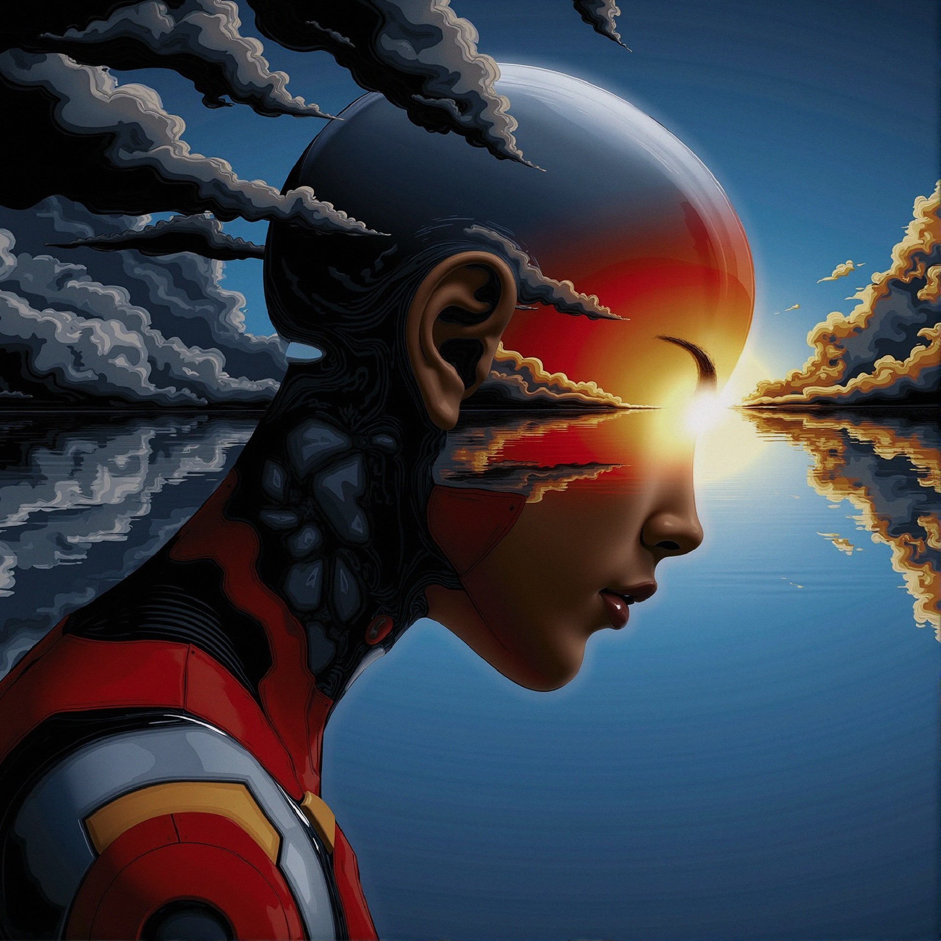 Futuristic Humanoid Profile Against Vibrant Sunset