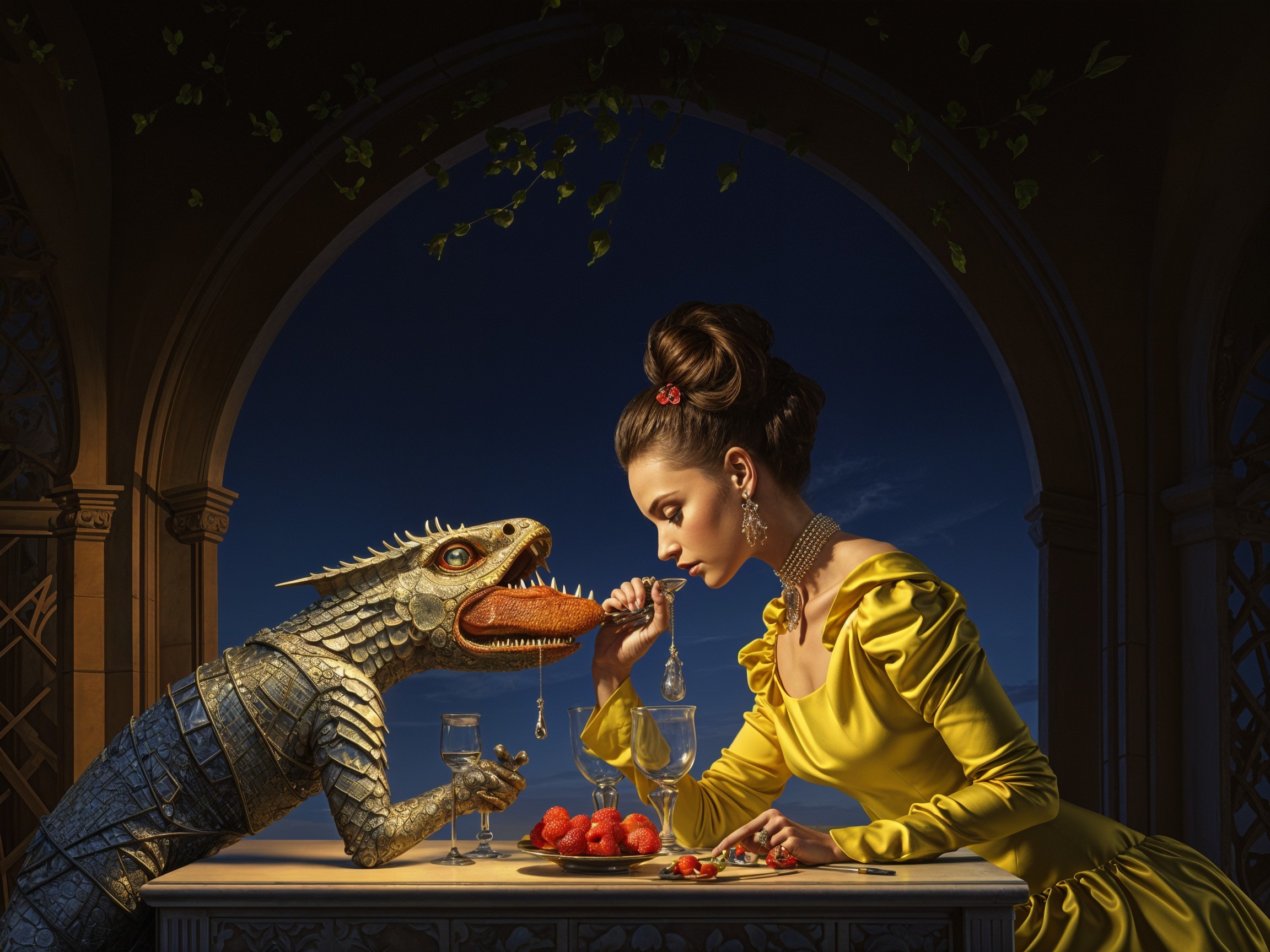 Surreal Dinner Scene with Woman and Reptilian Creature