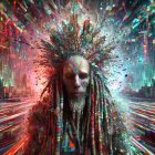 Vibrant Figure in Futuristic Cityscape with Patterns