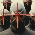 Faceless Figures in Black with Globe Headpieces