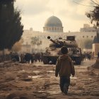 Child Walking Towards Crowd Amidst Tense Atmosphere