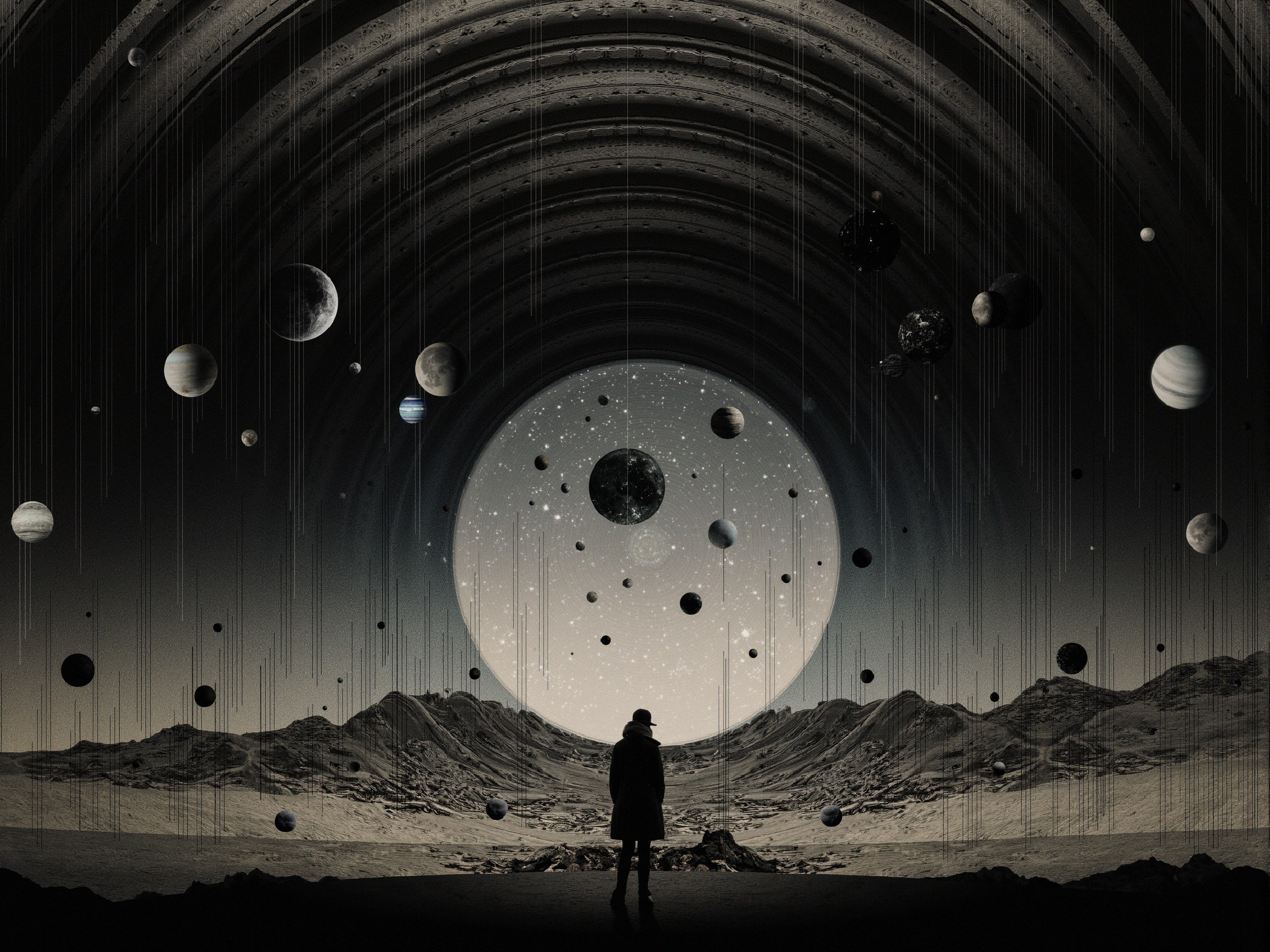 Solitary Figure in Surreal Cosmic Landscape