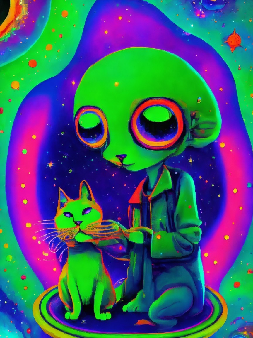 Whimsical Alien Holding Cat in Cosmic Background
